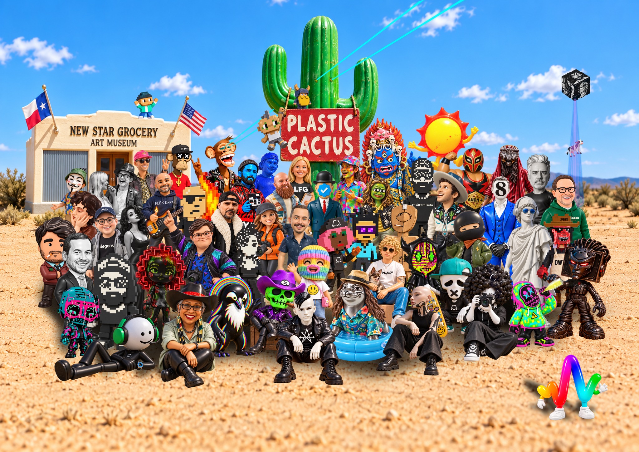 GT’s Plastic Cactus group portrait: artists, patrons and Jane gathered at the New Star Grocery Art Museum beside the giant Plastic Cactus sign.
